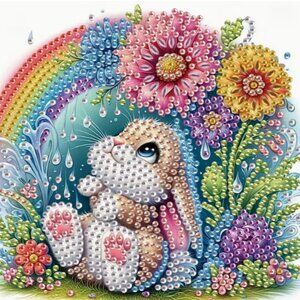 DIY Diamond Painting Kit - 5D Cute Bunny with Rainbow & Floral Design nwt
